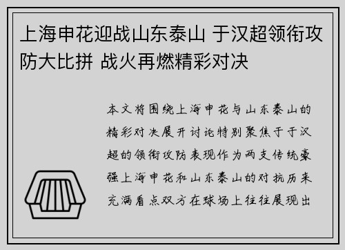 上海申花迎战山东泰山 于汉超领衔攻防大比拼 战火再燃精彩对决